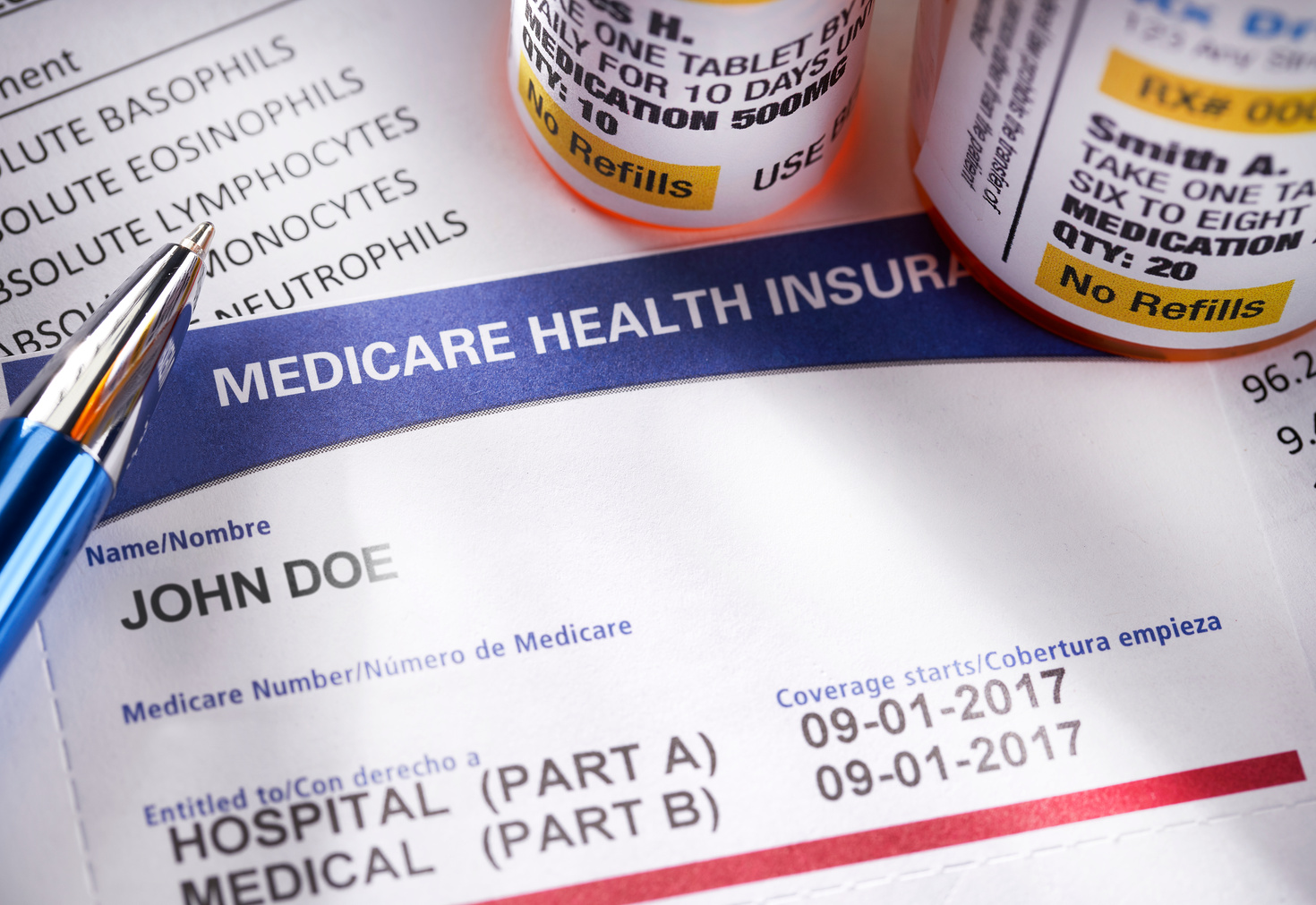 Medicare Health Insurance Card with medicine bottles